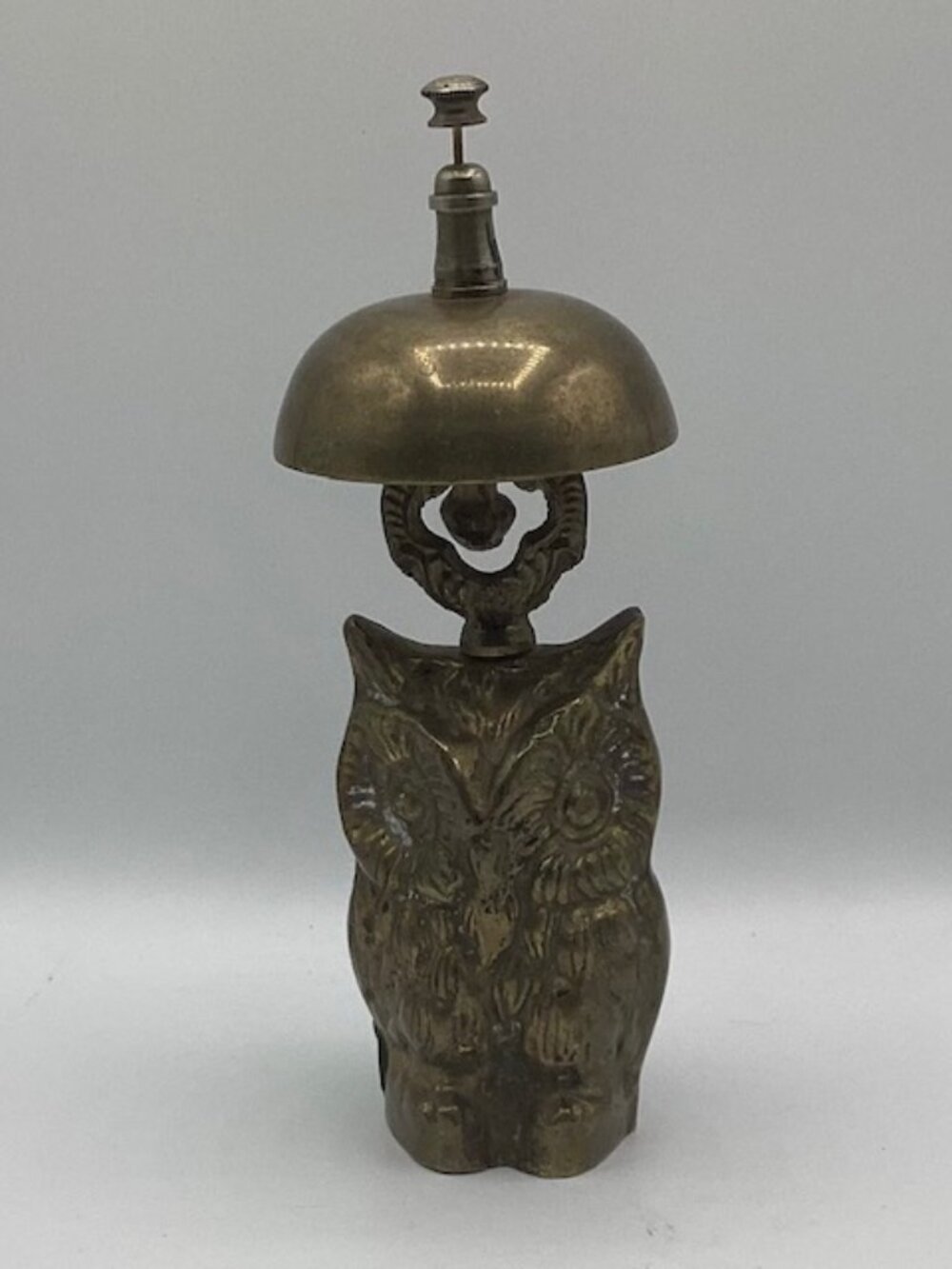 Rare Vintage Brass Owl Desk Bell MCM 7.5"H Press Plunger Bell Great Condition
